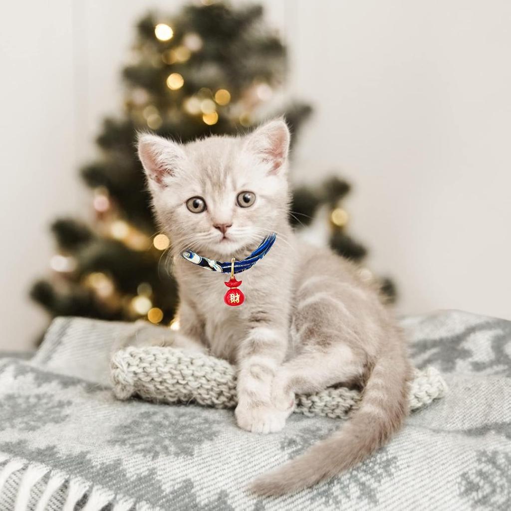 Cat Collar with Bell, 1 Pack Blue Japanese Style Waves Print Pet Collar Adjustable Cat Collar with Fortune Bell for Small Cats Puppy Pets, M