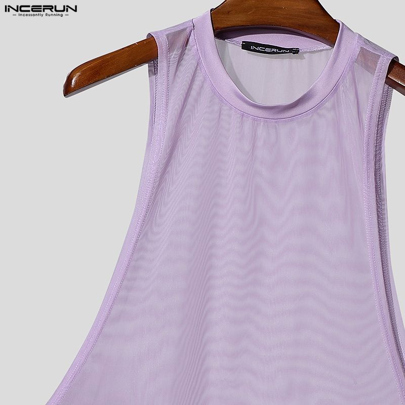 INCERUN Men Summer Sleeveless Big Cuff Mesh Sheer See Through Loose Beach Tank Tops