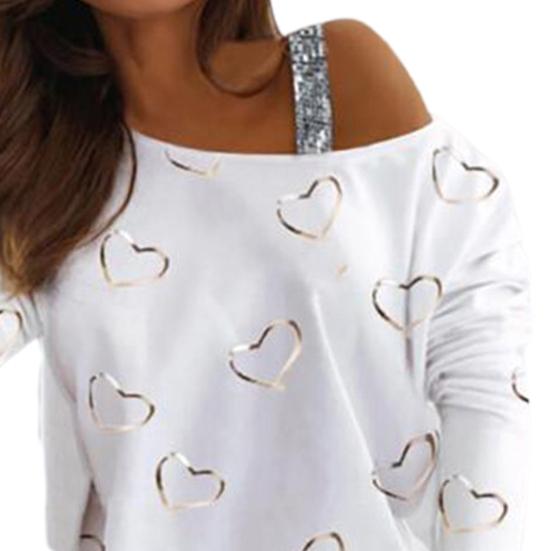 Dámska blúzka s potlačou srdca lomený krk Voľné sexy tričko top sveter na jar jesene