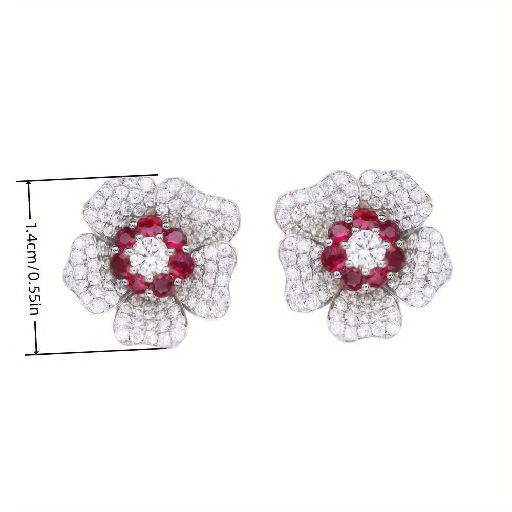 Cute Female Small Red White Zircon Stone Flower Wedding Jewelry Vintage Silver Color Stud Earrings For Women