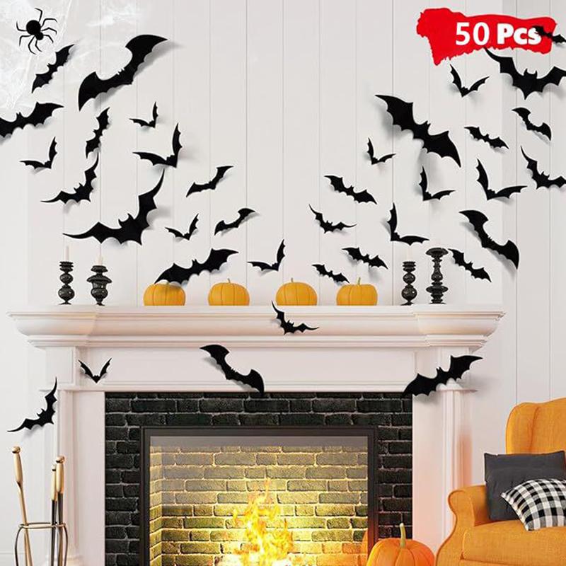 50Pcs/set Halloween 3D Black Bat Wall Stickers With Plastic Spiders for Home Room Decoration Scary Props Kids Party Supplies