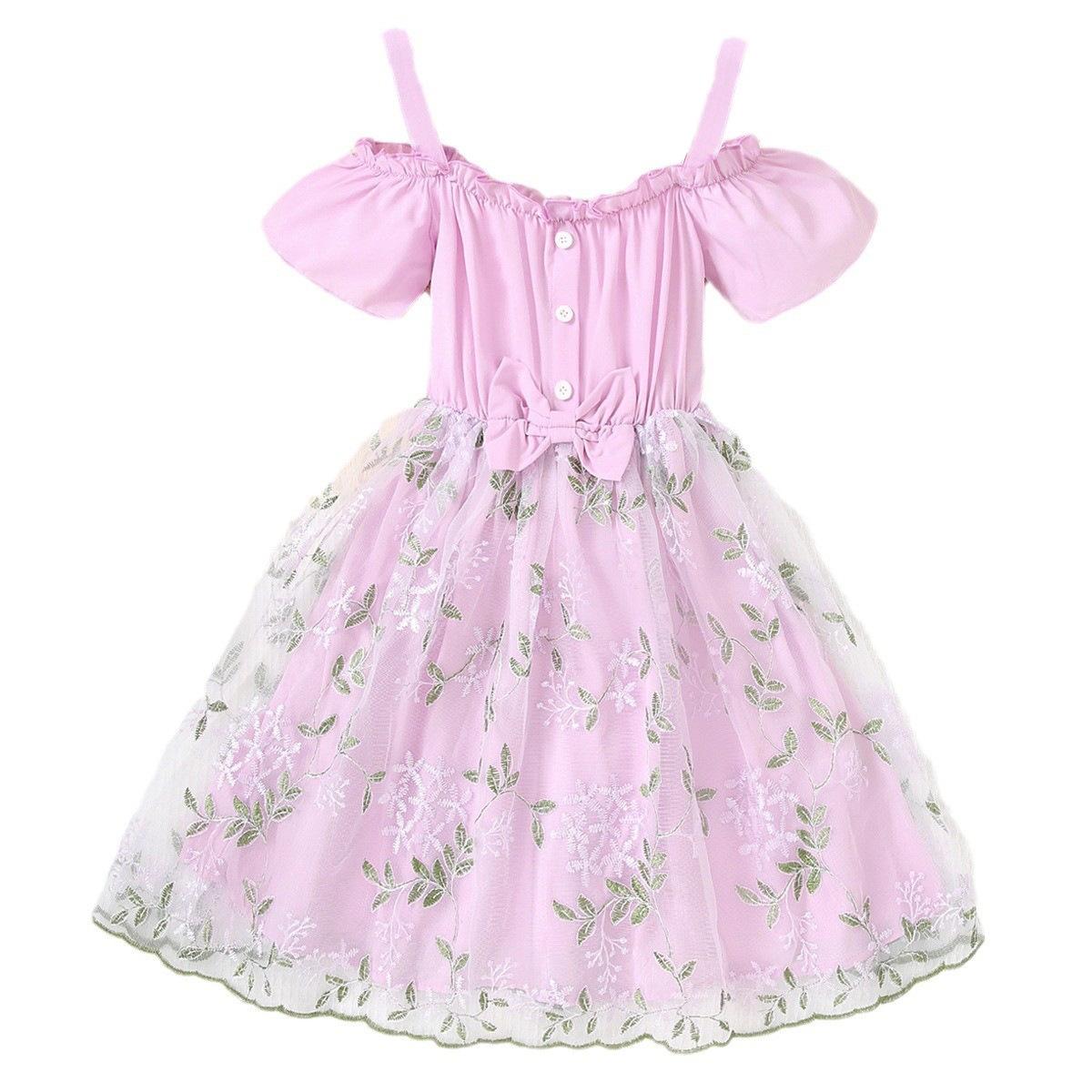 

Летнее платье принцессы для детей, одежда для девочек, розовое кружевное платье с вышивкой, сетчатые платья с открытыми плечами и бантом 11-12Y пурпурный розовый