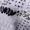 Long Lasting Nail Manicure Sets Halloween Art Stickers, 3D Embossed Skeleton Hand Pumpkin Bat Party Decorations Black Decals, Self-Adhesive