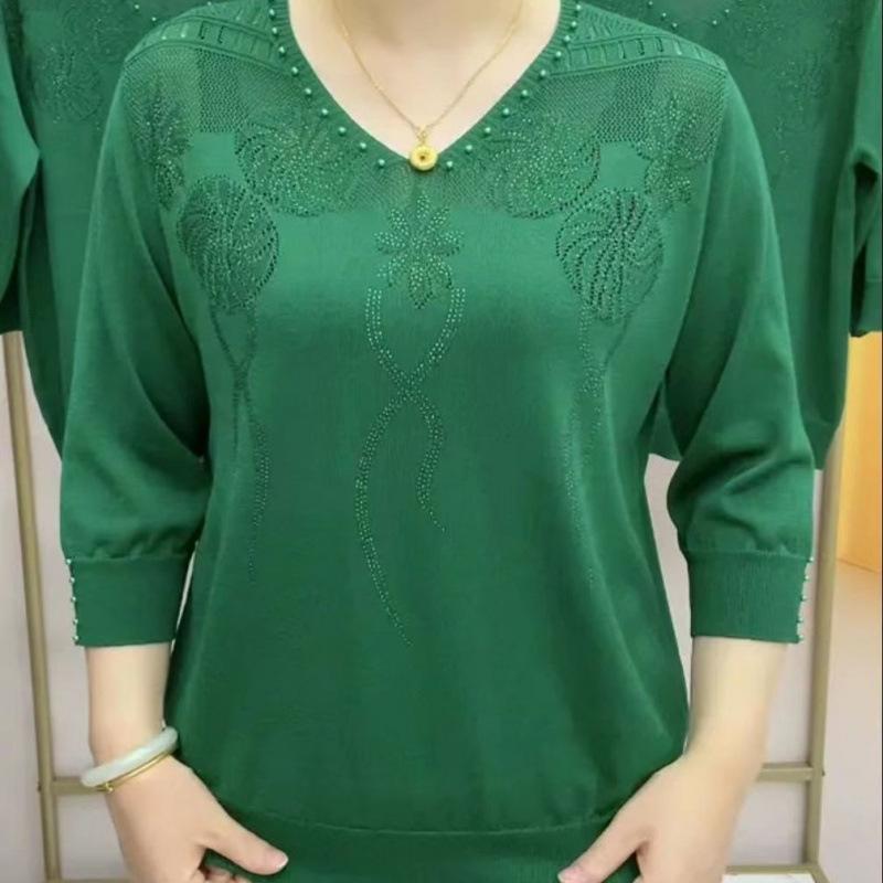 Fashion Knit Top 3/4 Sleeve Mom Wear Lace Up Crystal Pullover Blouse Women