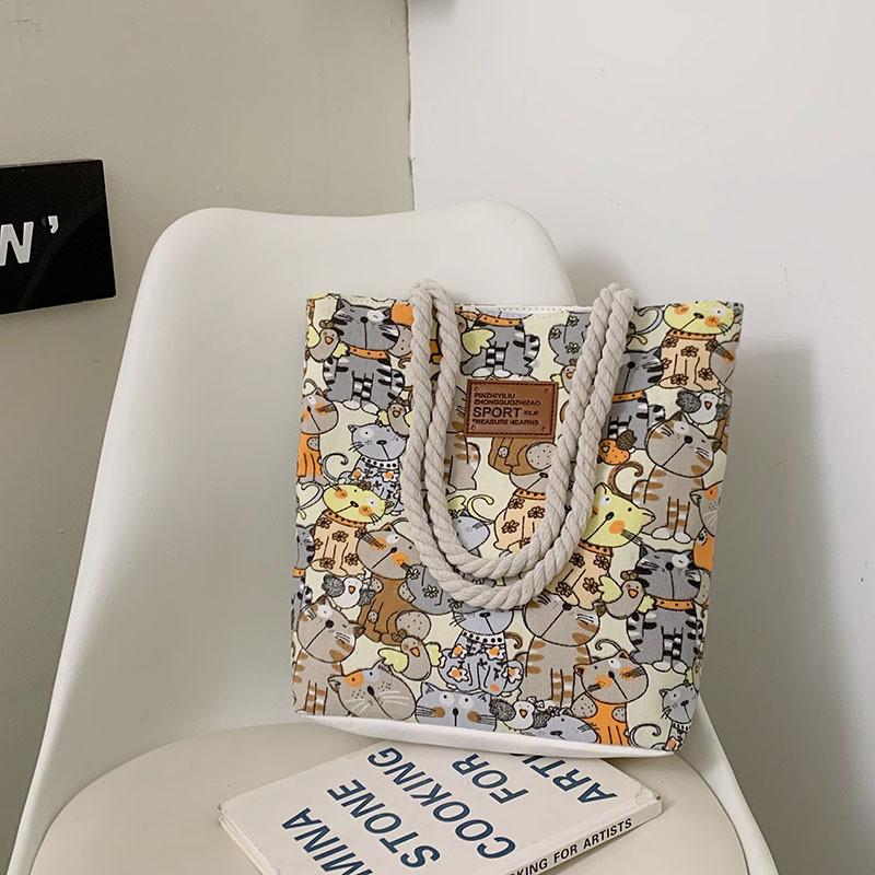 Cute Cartoon Cat Pattern Women Casual Large Capacity Canvas Bag For Daily Use And Street Fashion
