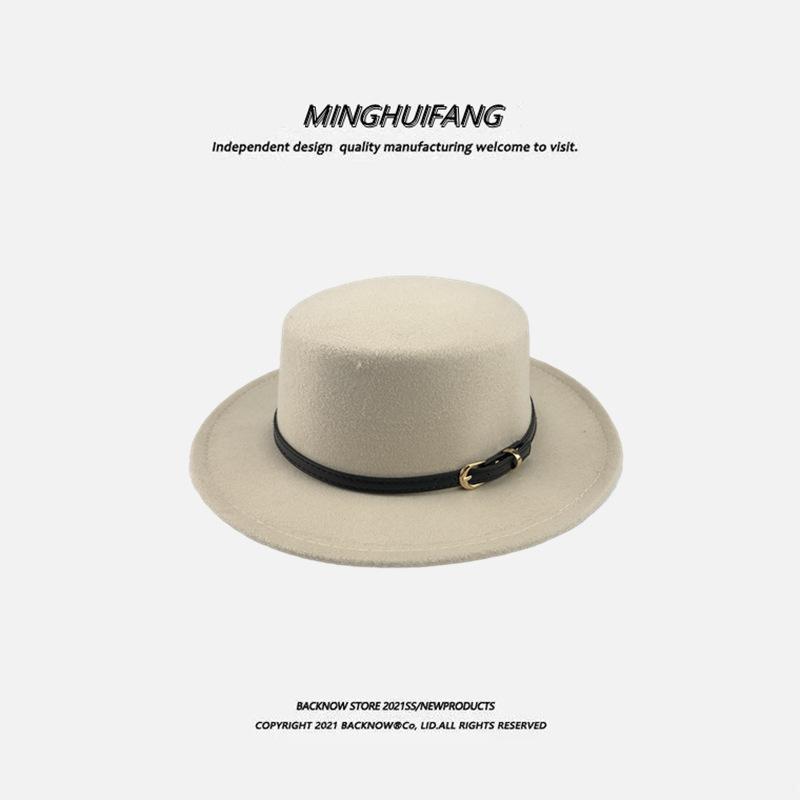 Autumn and winter British European and American style belt buckle flat top top top hat men's and women's wide brim sunshade retro woolen black ja