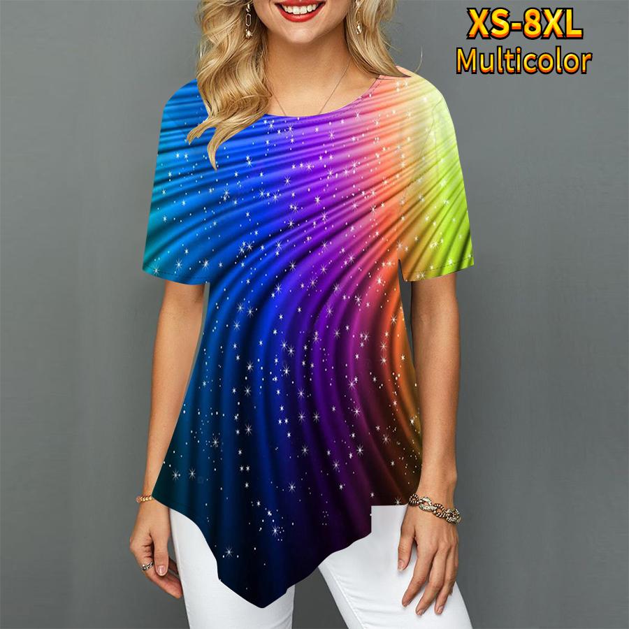 Damen Bedruckt Rundhals 3D Sternenhimmel Glänzend Kontraststreifen Trendy Luxuriös Spitzröcke Schwingend Kurzärmlig Damen S-8XL