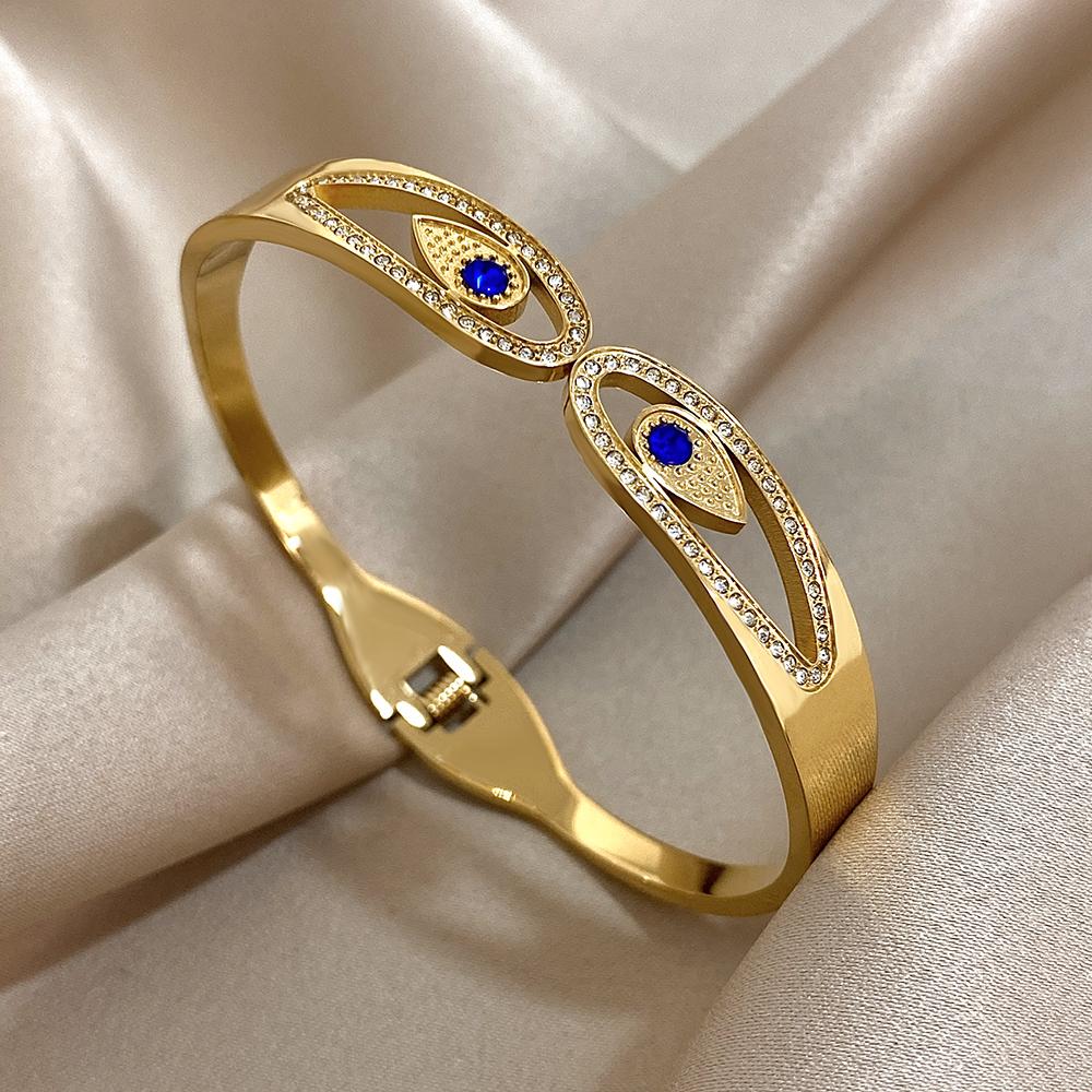 Greatera Edelstahl Doppelblumen Armreif Armband für Frauen Goldfarben Metall Floral Armbänder Wasserdicht Partyschmuck