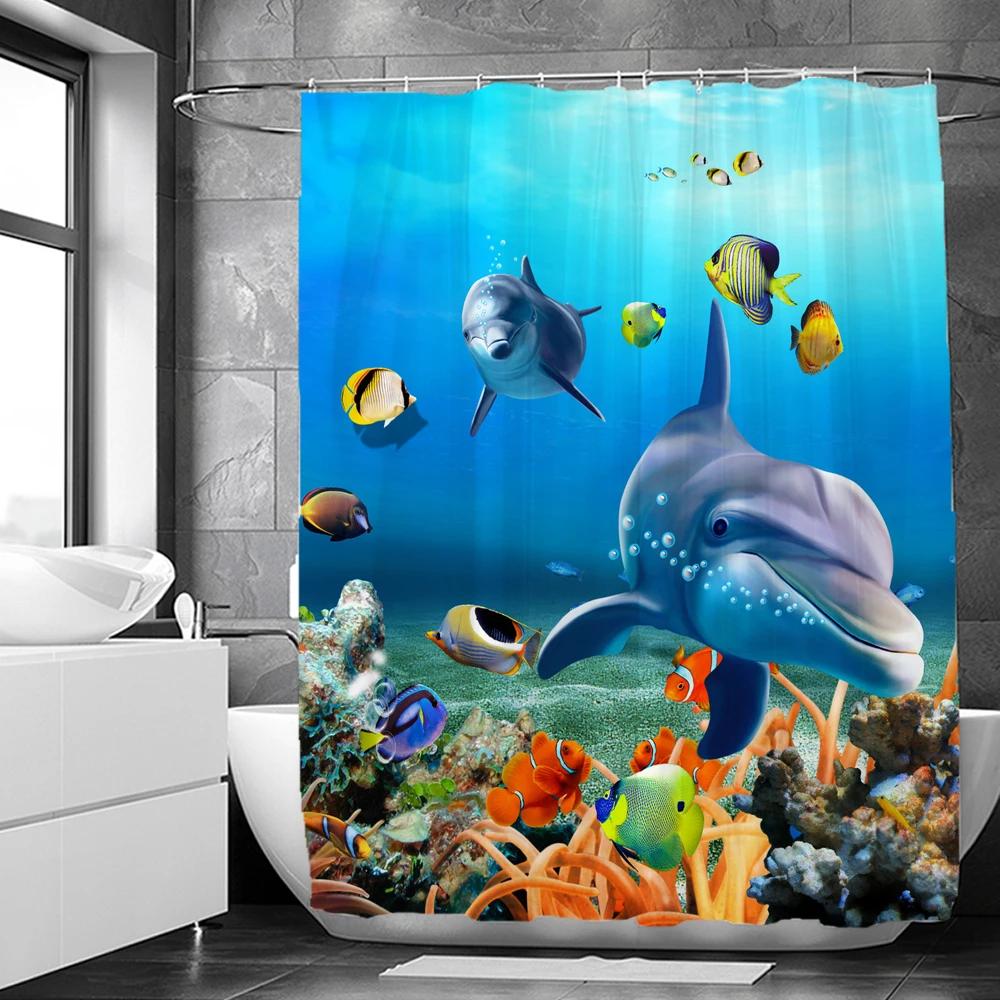 3D Bathroom Curtains Ocean Fish Jellyfish Shell Starfish Dolphin Anchor Shower Curtain Waterproof Fabric Cartoon Boy Bath Screen