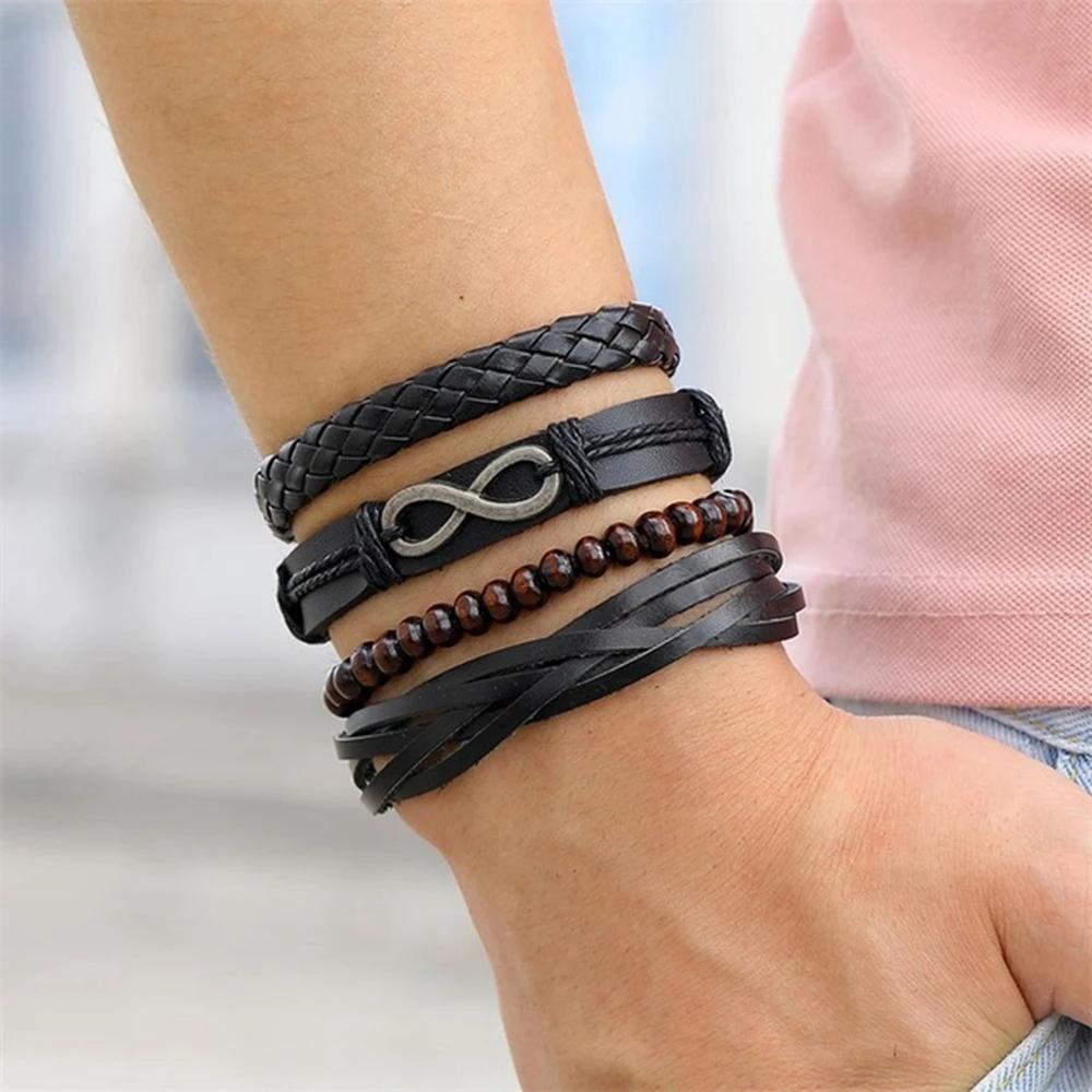 4Pcs/ Set Braided Wrap Leather Bracelets for Men Vintage Life Tree Rudder Charm Wood Beads Ethnic Tribal Wristbands