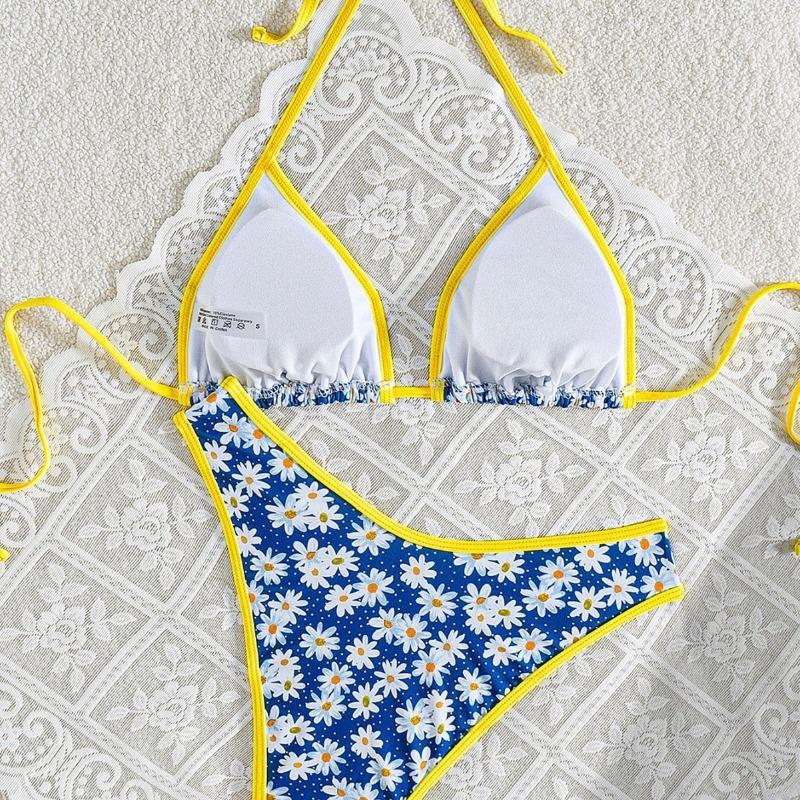 New women's small daisy print contrasting color hemming premium suit split swimsuit