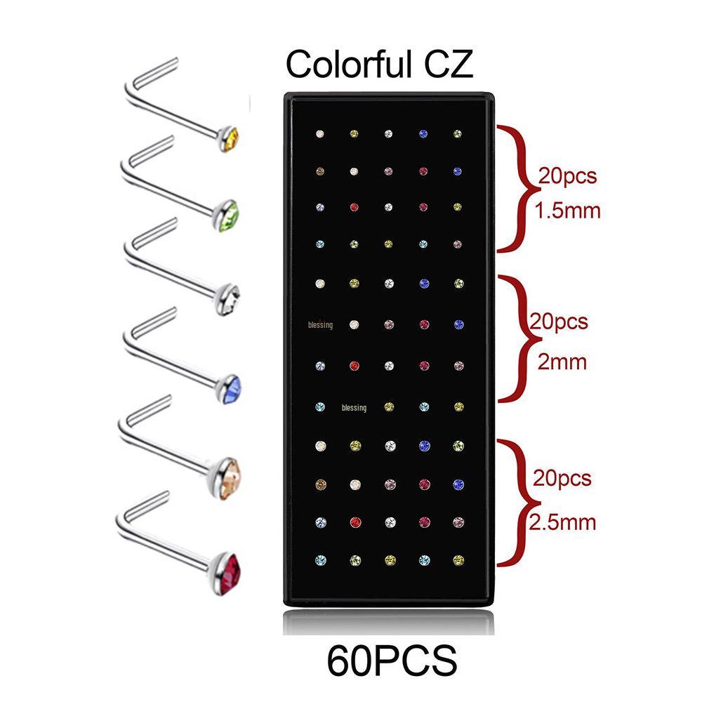 Stainless Steel Boxed Nose Studs and Rings: 60/40 Pieces, 1.5-3.0mm, Straight & L-Shaped Bar
