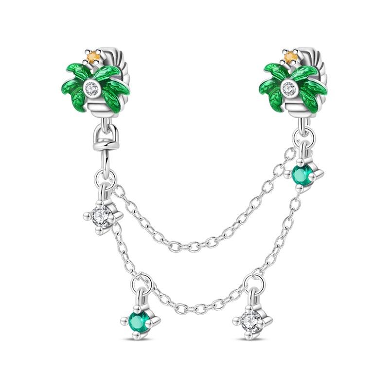 925 Silver Safety Chain Charm Bracelet Set Clover Lock Key Bear Peace Dove Fruit Decoration Beaded Fine Jewelry Gift