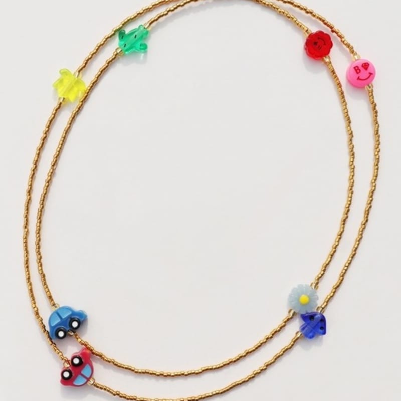 BONBEAU Unique and Fun Charms Gold Beads Long Necklace Color Motif Charm Gold Bead Long Necklace Kitsch Necklace