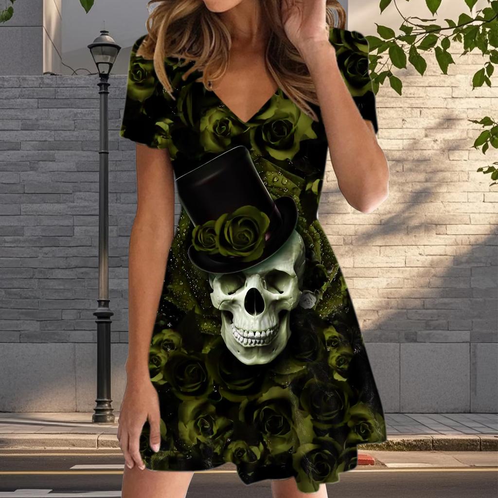 Summer Fashion Women's V Neck Short Sleeve Skeleton Printed  Dress Sex Short Skirt Dresses