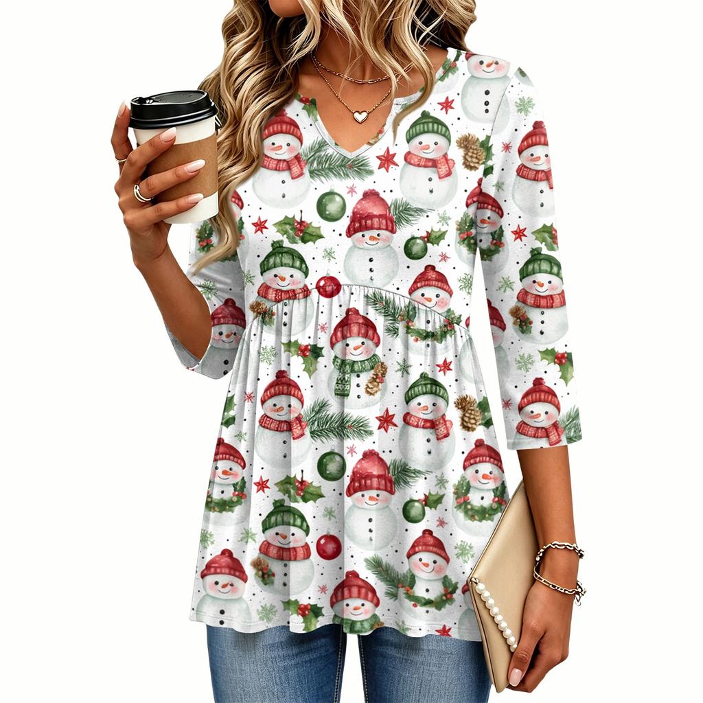 Women's Christmas Print V-Neck Three-Quarter Sleeve Casual Shirt for Holiday