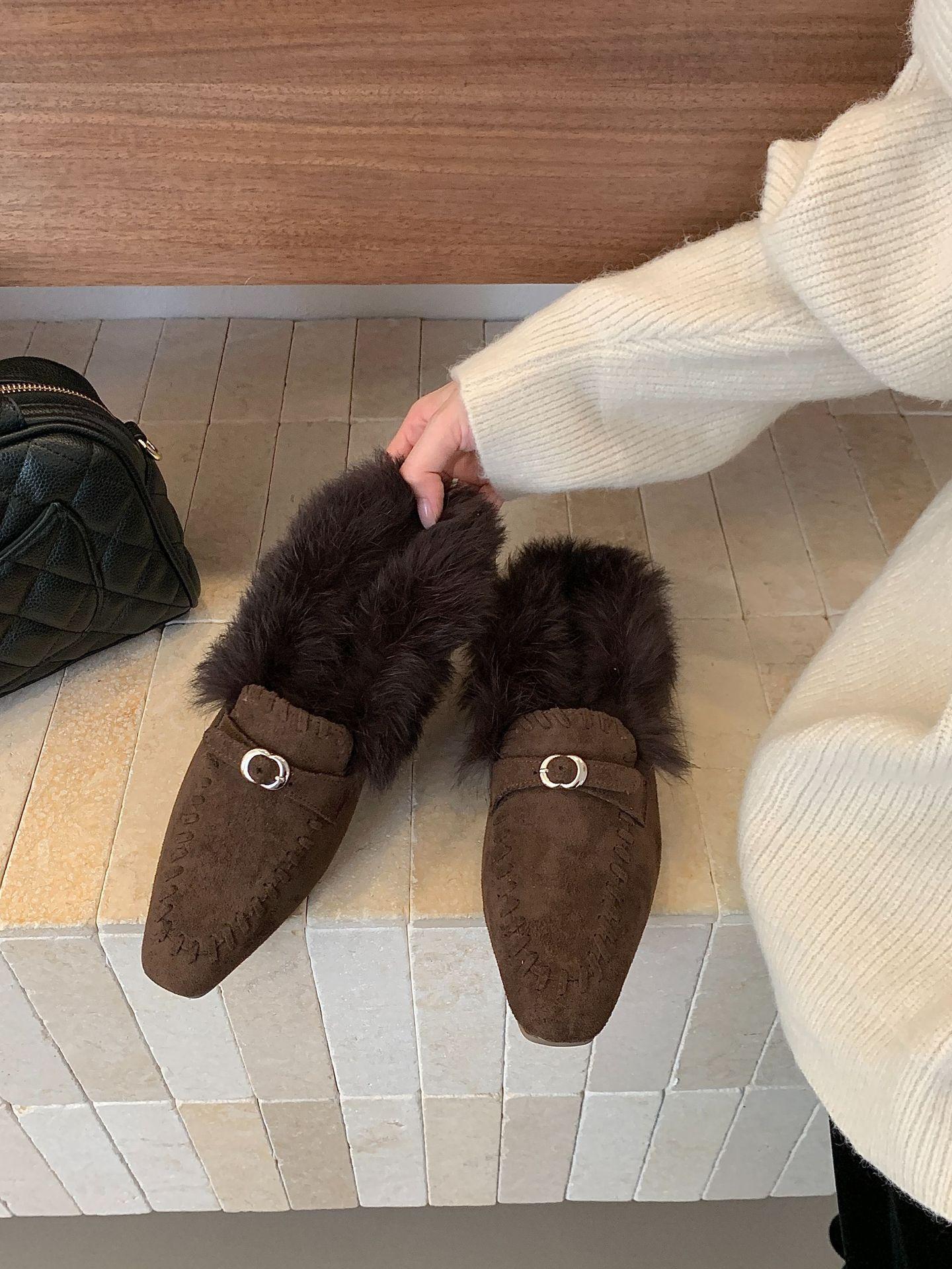 

Туфли на плоском каблуке с острым носком, плюшевые хлопковые тапочки, женская обувь, осенне-зимняя, с ремешком и пряжкой, на одном педале, с закрытым носком, полусабо 39 кофейный