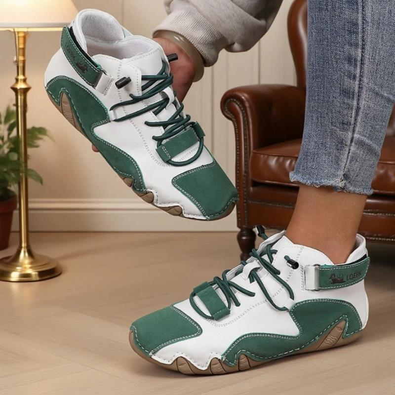Women Ankle Boots Trendy Color Block Leather Fashion Brand Sneakers Retro Anti Slip Comfortable High Top Motorcycle Women Boots