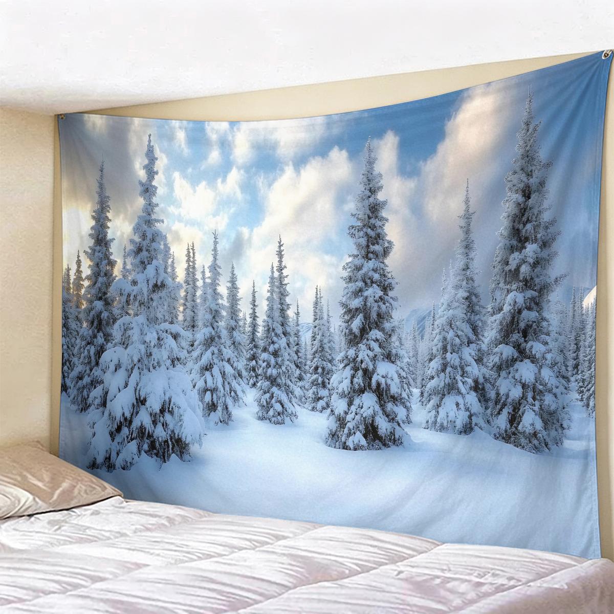 Blue Winter Forest Christmas Tapestry, Snow-Covered Pine Trees Wall Hanging, Aesthetic Holiday Backdrop for Bedroom Decor 90x75cm