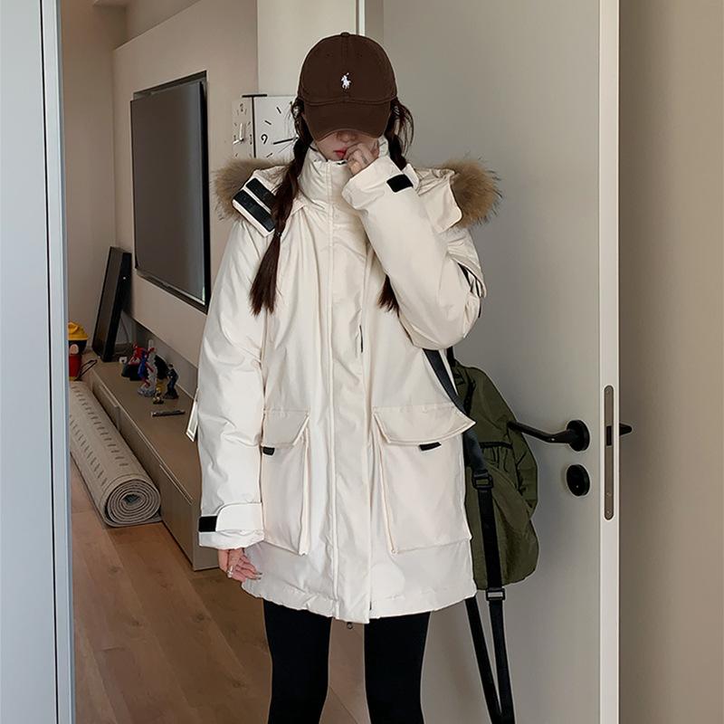 True Fur Collar, Workwear Down Cotton Jacket, Women, Winter, Thick, High-end Cotton Jacket, Medium Length, Warm Jacket