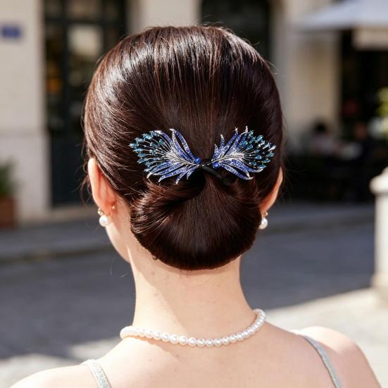 Hair Bun Pin, Blue Feather Decor Bun Maker Hairpin, Metal Construction Hair Accessory for Work Gym Dance Formal Events