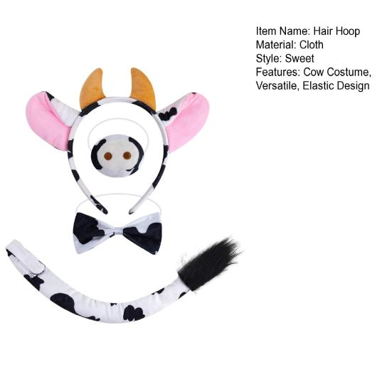 Cow Ears Hair Hoop Set with Bendable Tail Adults Teens Farm Animal Costume Set Black White Cow Accessories