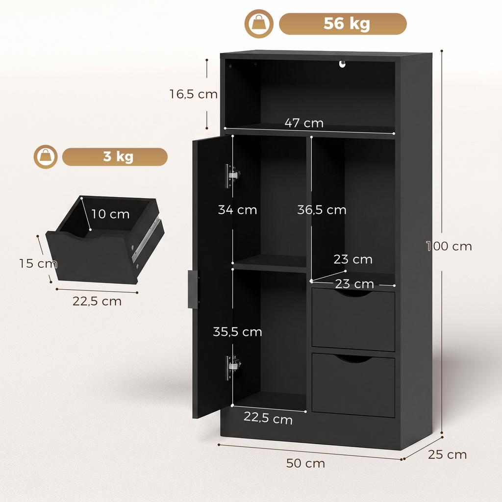 Bathroom Cabinet Narrow Storage Cabinet With 2 Drawers Open Compartments 50x25x100cm Black