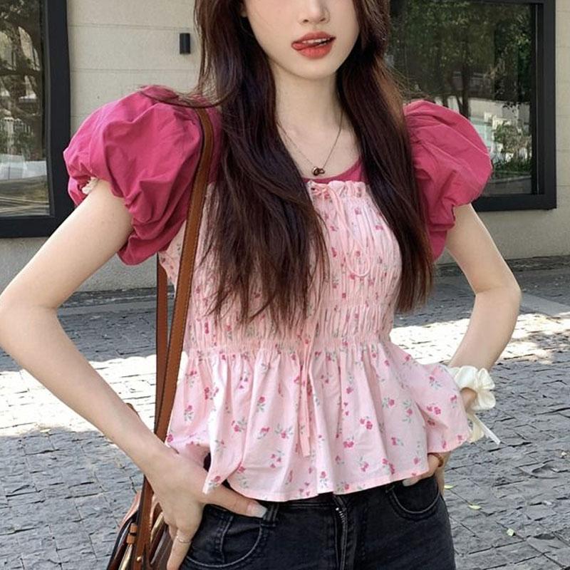 Blouse Mince à Manches Bouffantes Douces Été Fleurs Cassées Épissée Vêtements pour Femmes Col O Mode Cordon de Serrage Nœud Taille Chemise