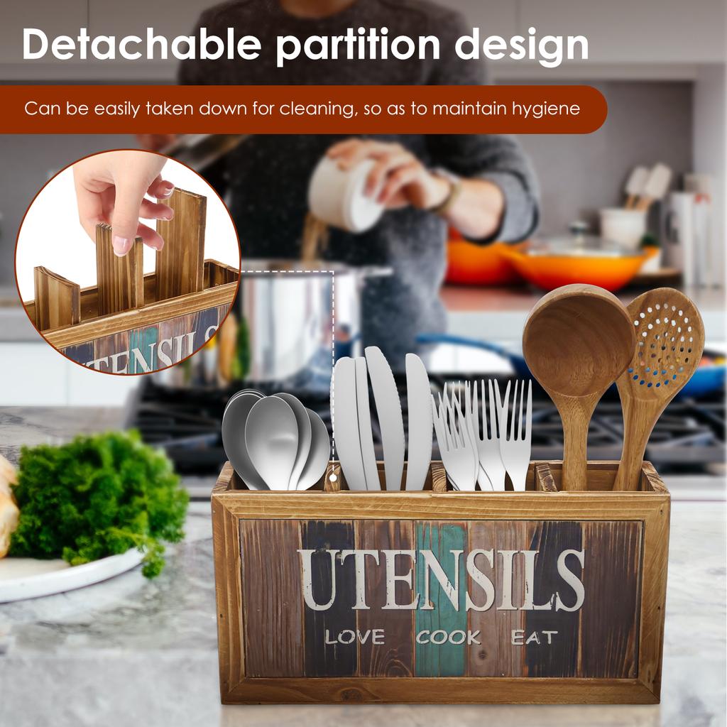4 Compartments Countertop Utensil Holder Wood Kitchen Storage Box Spatula Chopsticks Spoon Fork Storage Holder Cutlery Organizer