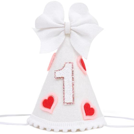 WAOUH Valentine Bow 1st Birthday Party Hat- Pink First Birthday Decoration, Princess 1st Birthday Crown, Pink Heart Birthday Cone Hat, Valentine