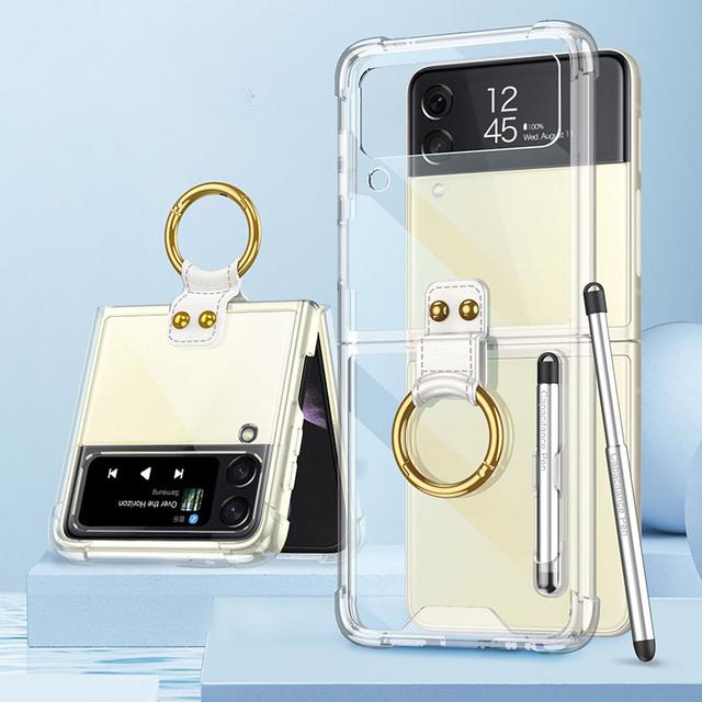 Z Flip 4 Case With Pen For Samsung Galaxy Z Flip 4 3 Flip3 Flip4 5g Case Capacitance Pen Slot Plating Transparent Stand Cover