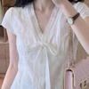 French Style Summer Women Sweet Blouse V Neck Hollow Out Lace Up Elegant Shirt Delicate Feminine Short Sleeve Blouse
