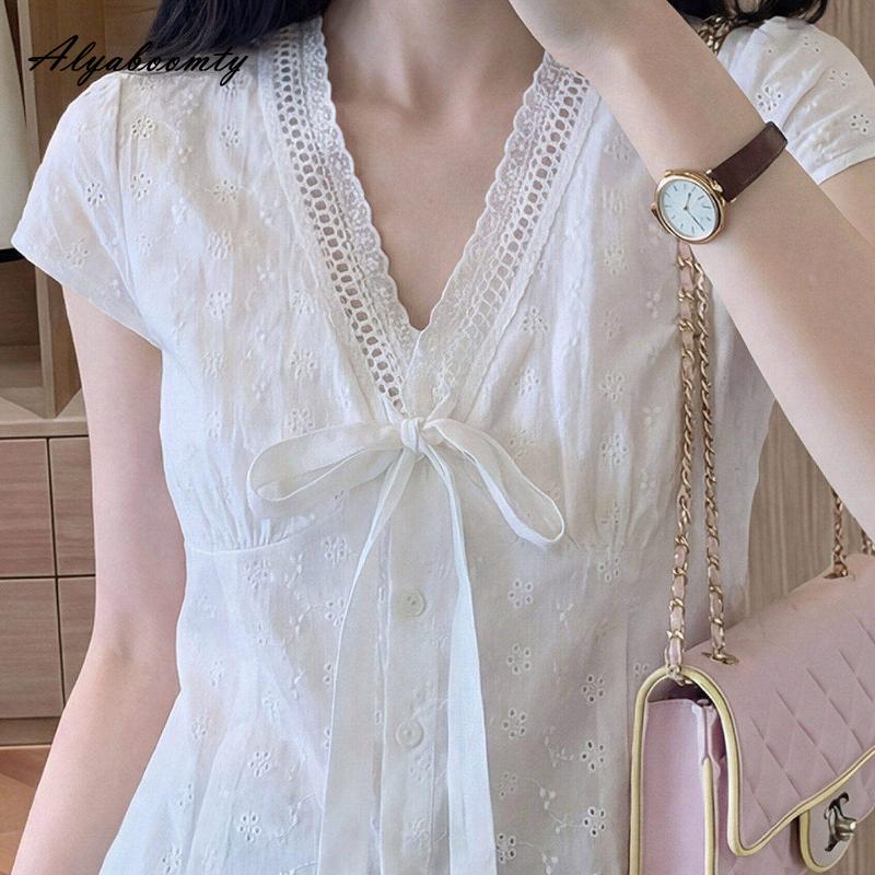 French Style Summer Women Sweet Blouse V Neck Hollow Out Lace Up Elegant Shirt Delicate Feminine Short Sleeve Blouse