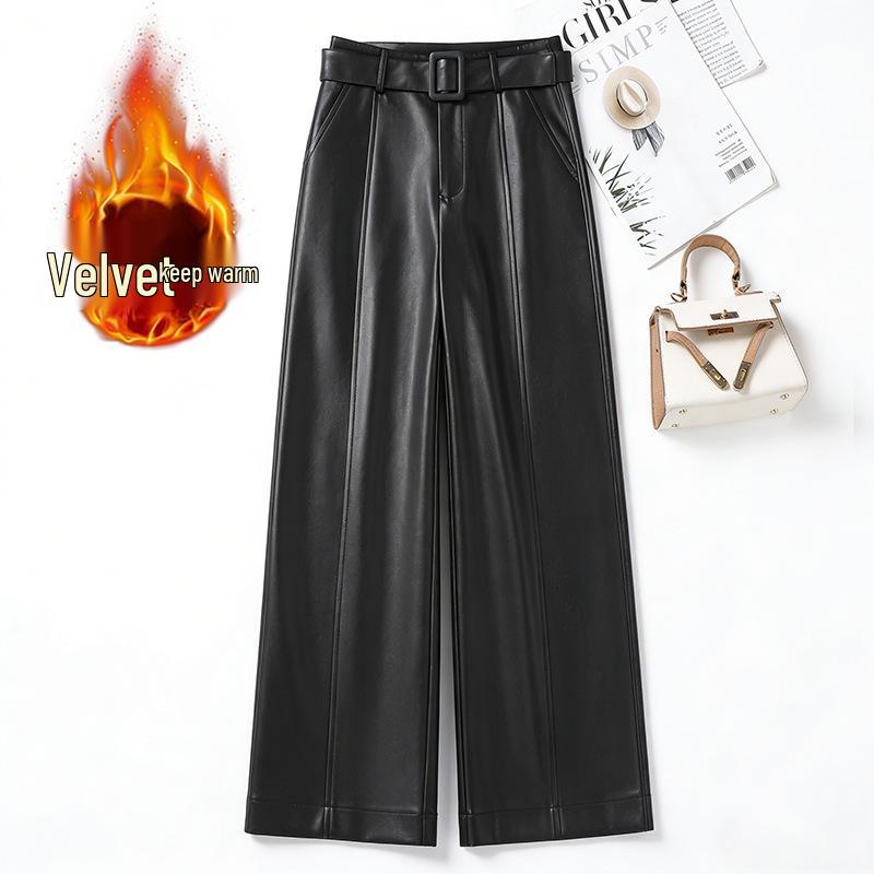 

2025 Autumn/Winter Women s High Waist Straight-Leg Leather Pants: Fashionable, Loose, Slimming Korean-Japanese Cropped Casual Trousers 5XL