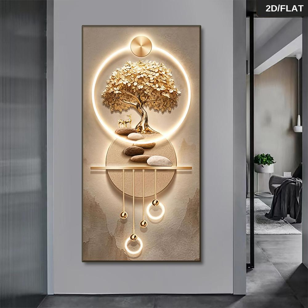 One Modern Abstract Tree of Life Wall Decoration - Elegant Golden Trees, a Tranquil 2D Flat-print Frameless Painting for Living