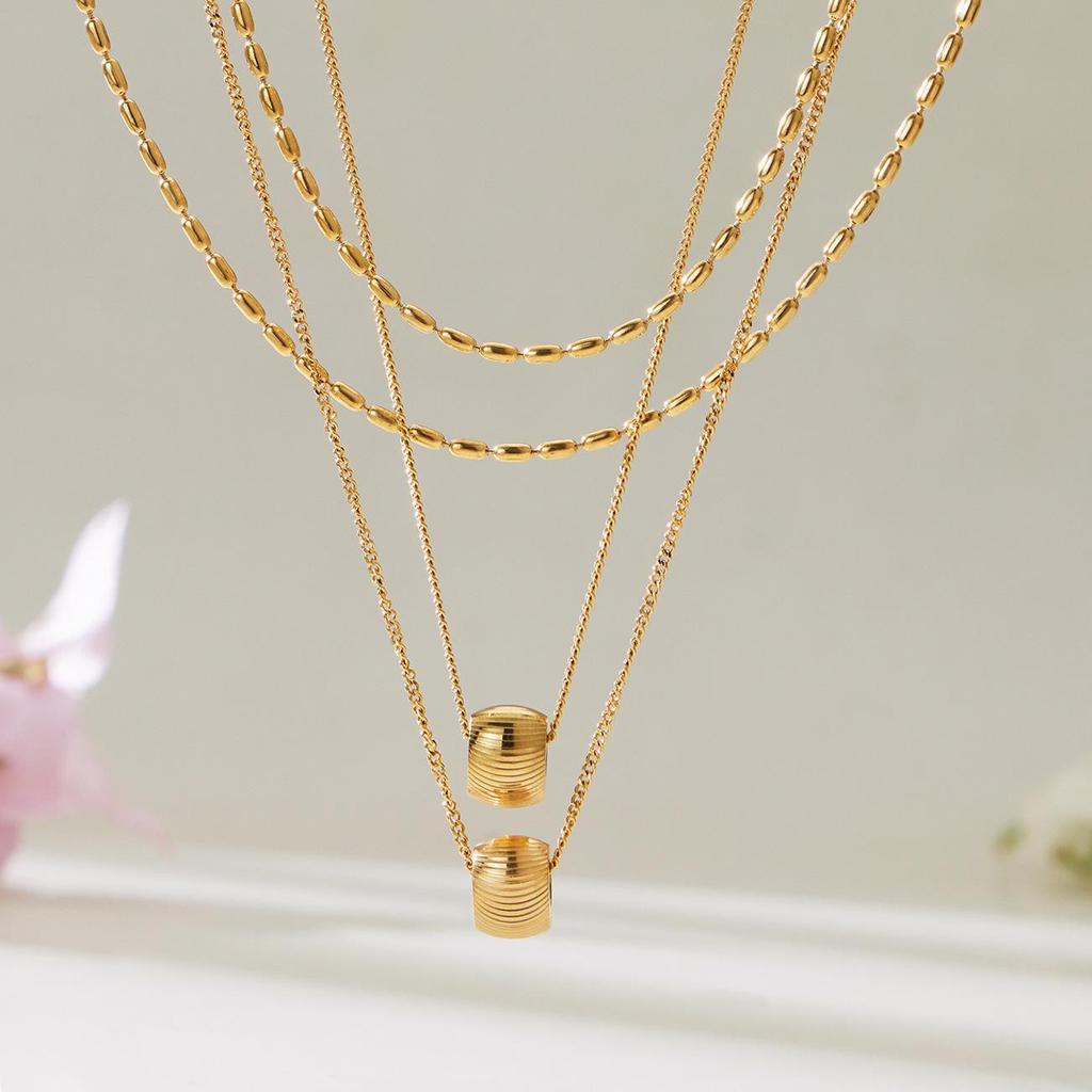 Qiong Yao 18K Gold Plated Double Layer Bead Carved Necklace with Clavicle Chain, Cold Style, Eco-Friendly Titanium Steel for Women.