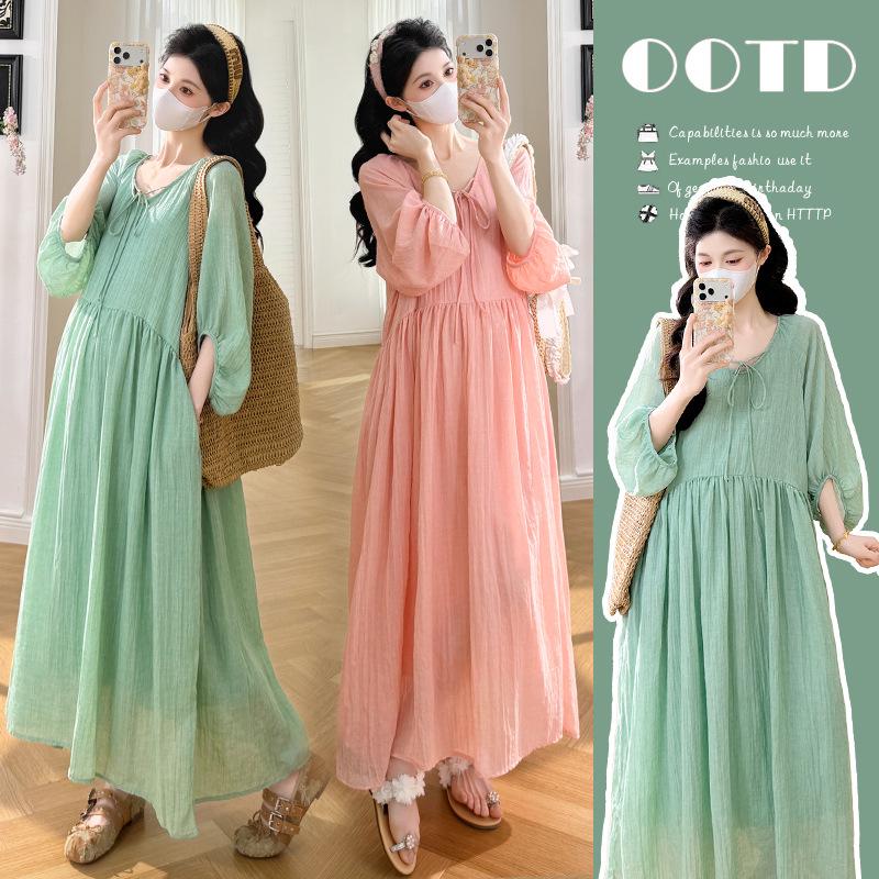 2026 Spring/Summer Korean V-Neck Chiffon Maternity Dress - Loose, Belly-Covering Maxi Design XL