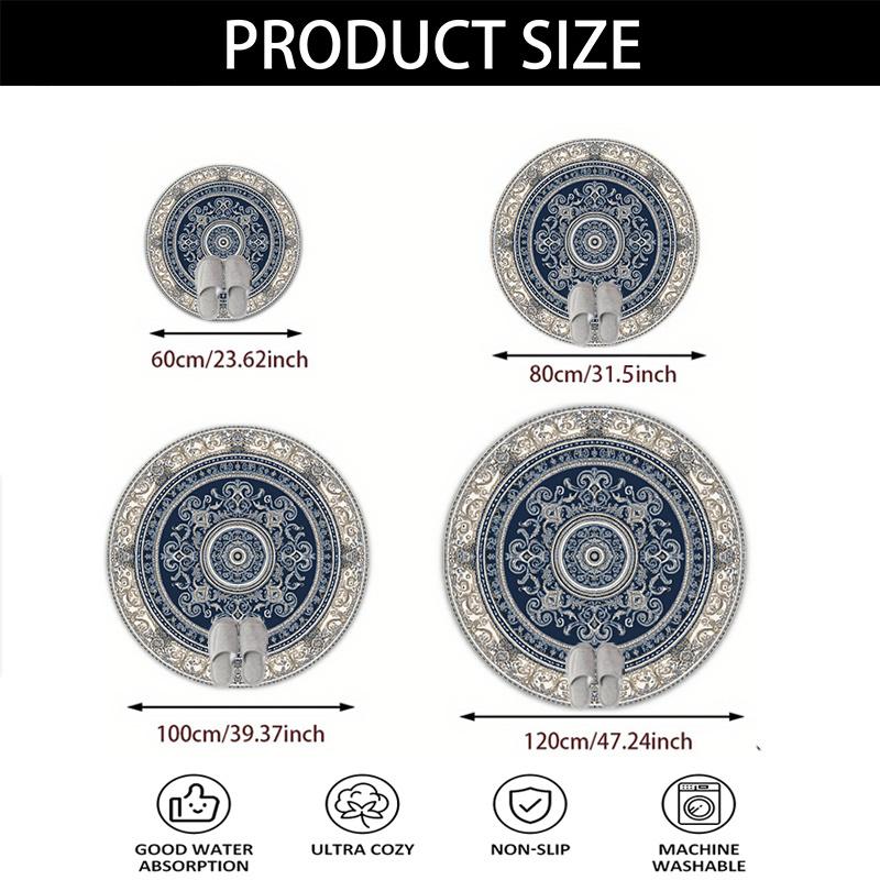Large Decorative Round Area Rug Blue and Beige Ornate Moroccan Pattern Circular Living Room Home Decor Accent Mat
