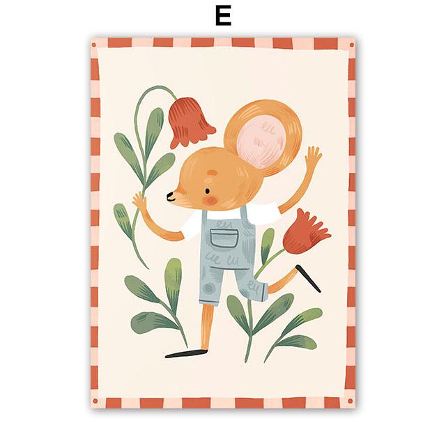 Colorful Bear Rabbit Cat Mouse Flower Leaf Abstract Animal Posters Prints Wall Art Canvas Painting Pictures Baby Kids Room Decor
