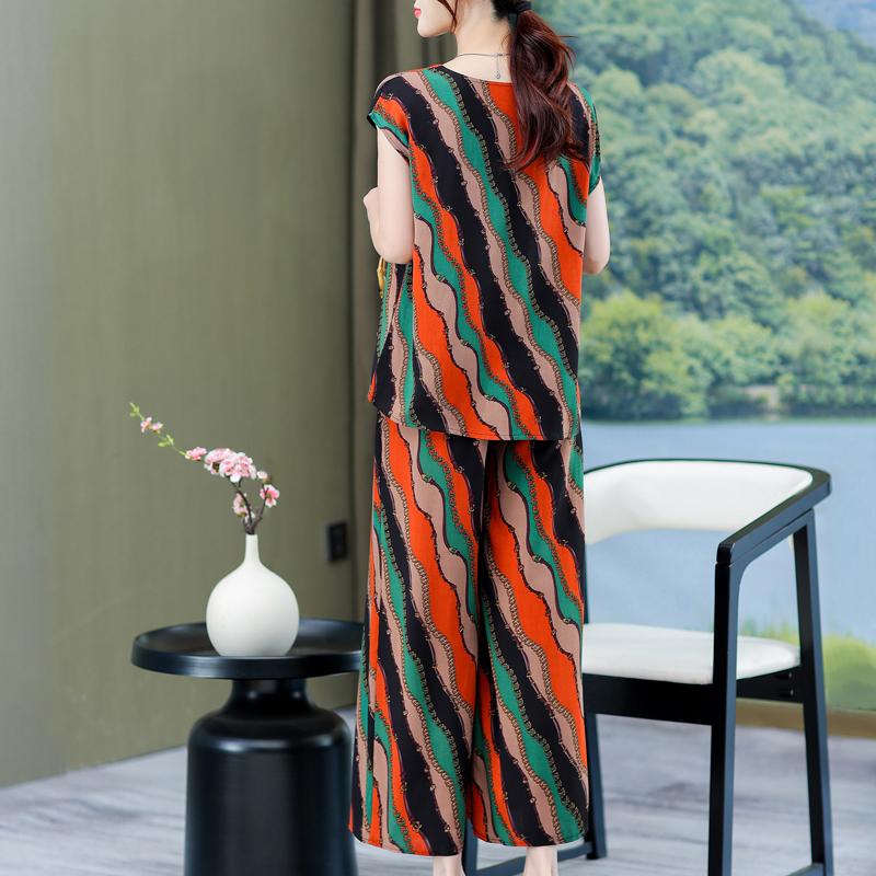 Plus Size Summer Pants Sets for Women  Elegant Loose Vintage Print 2 Piece Outifts