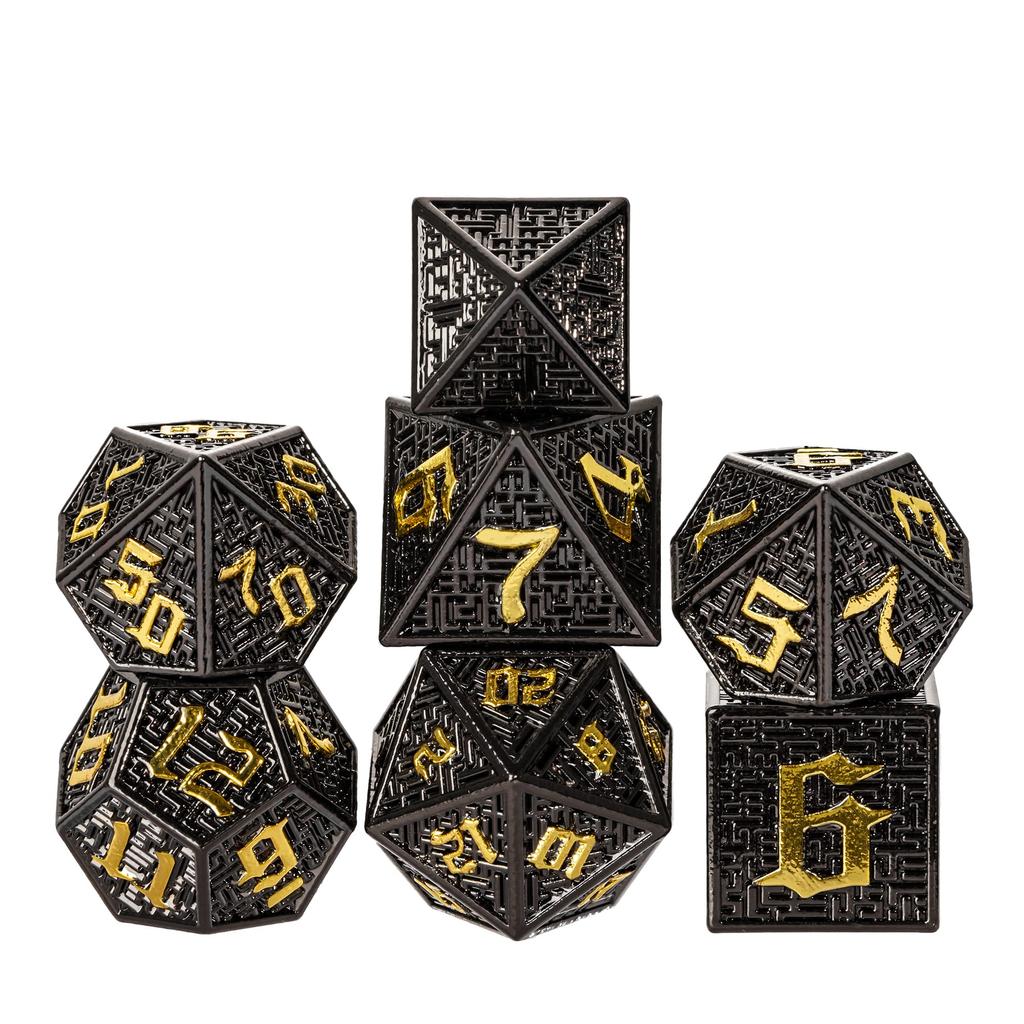 Cusdie DND Labyrinth Metallwürfel Massiv D4-D20 Polyederwürfel Set mit einzigartigem D4 für Rollenspiel Pathfinder Brettspiele TRPG