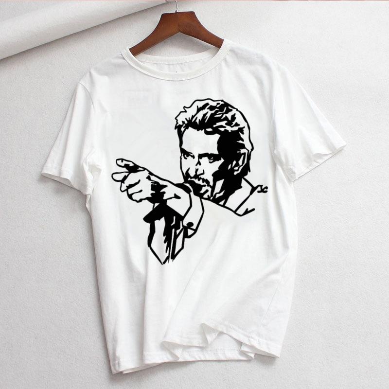 Johnny Hallyday Print T Shirt Women White and Black Shirts Fashion Round Neck Short Sleeve Cotton TShirt