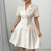 Ladies V-neck Fashion Color Double-breasted Waist Short Sleeve Dress