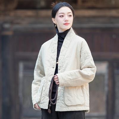 Damen Mäntel im chinesischen Stil mit Knöpfen, V-Ausschnitt, einfarbig, Wintermäntel mit Taschen