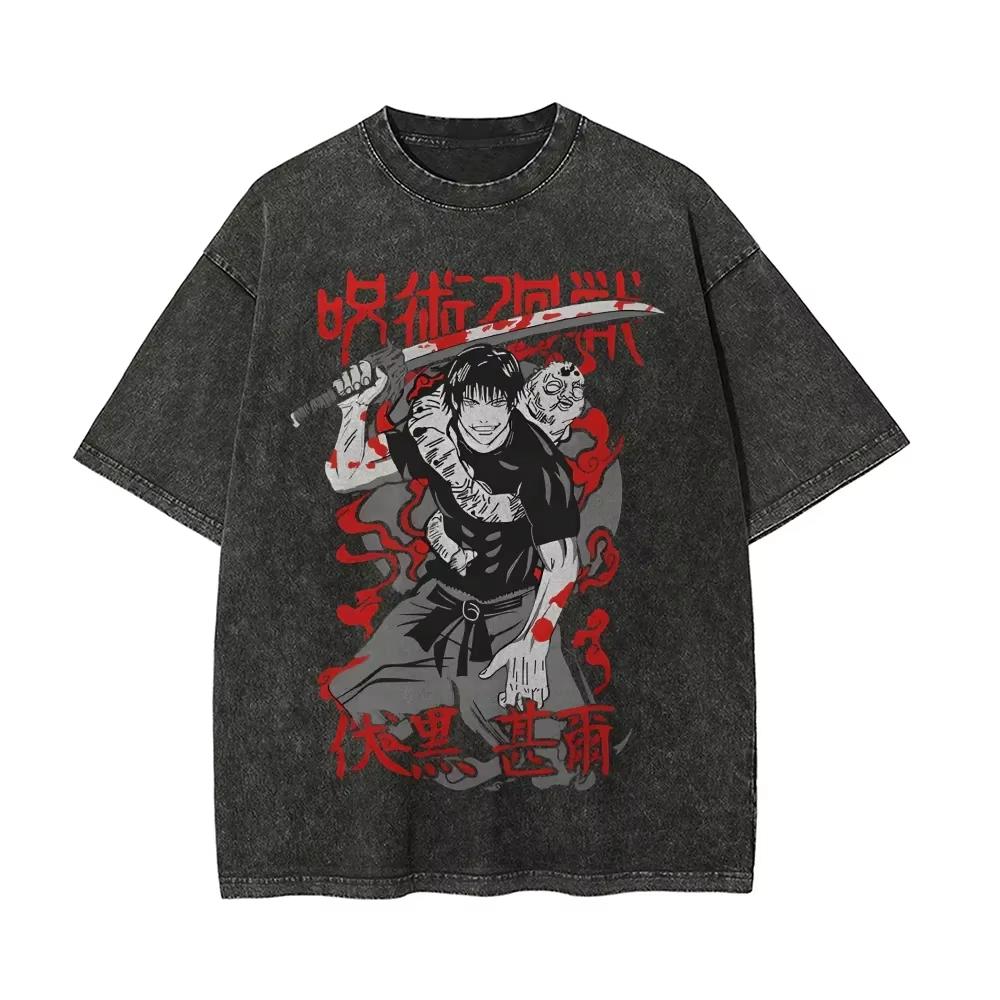 

Anime Jujutsu Kaisen Tshirt Itadori Yuji Black Flash Washed Oversized T Shirt Men Women Clothing Short Sleeve Cotton Tees Tops XL