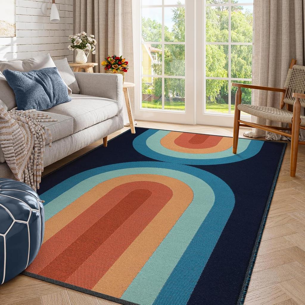 Bohemian Colorful Curved Carpet Navy Blue Retro Pattern Flooring Rug Living Room Bedroom Modern Home Decoration Carpet Mat