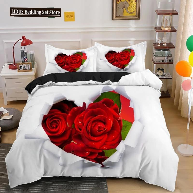 Rose Duvet Cover Collection Red And White Rose Bedding Collection For Lover Couple Polyester Comforter Cover ValentineS Day Gift King Size