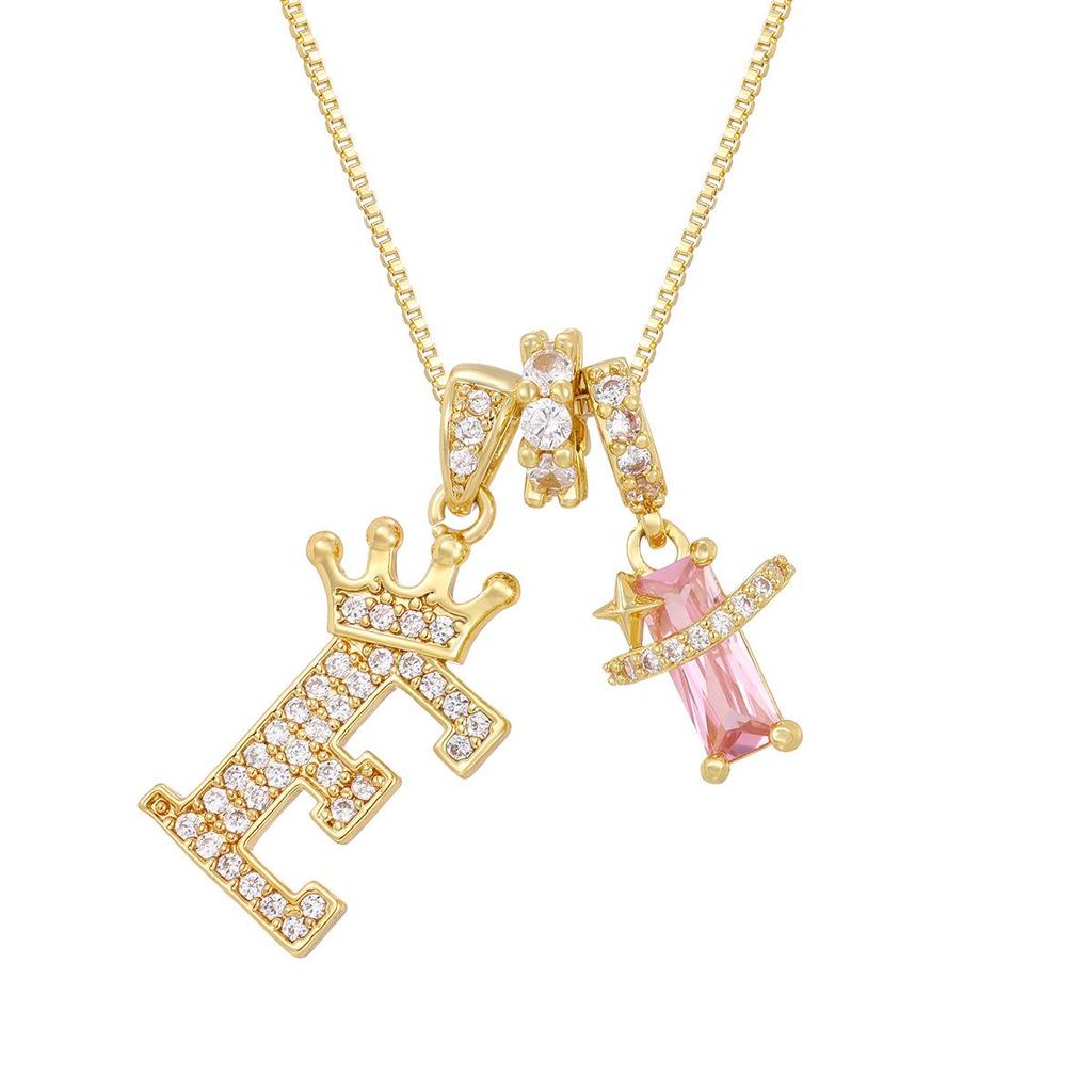 Copper Zirconia Letter Necklace with Gold-Plated Crown Pendant – Fashionable 26-Letter Accessory