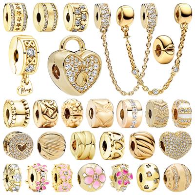Sparkling Golden Clip Series Charm Beads Safety Chain Pink Daisy Flower Clip Heart Clip Fit Original Bracelet Diy Jewelry Gifts