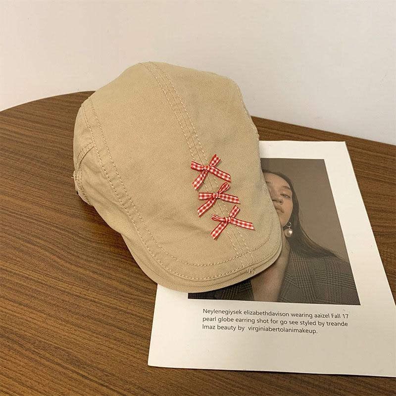 Süße Karom Schleife Baskenmütze für Frauen Weiblich JK Koreanisch Y2K Baumwolle Flache Schiebermütze Vintage Maler Künstler Hip Hop Street Kappe